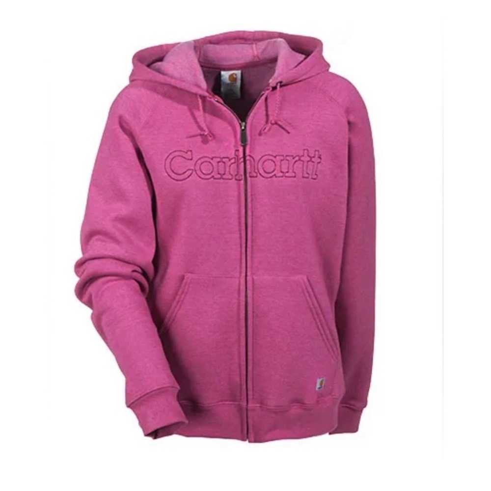 Carhartt Women Full Zip Hoodie Pink Purple Embroidered Logo Sweatshirt Sz L EUC